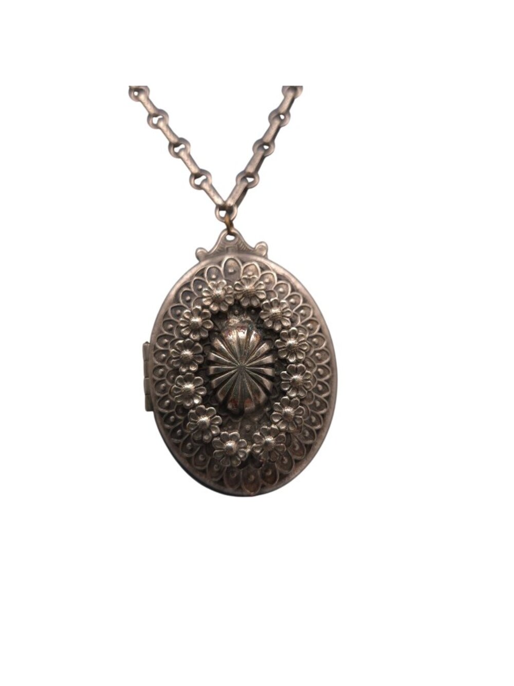 Floral Locket Necklace Etched Chain Pendant Vtg Silver Oval Art Deco Victorian